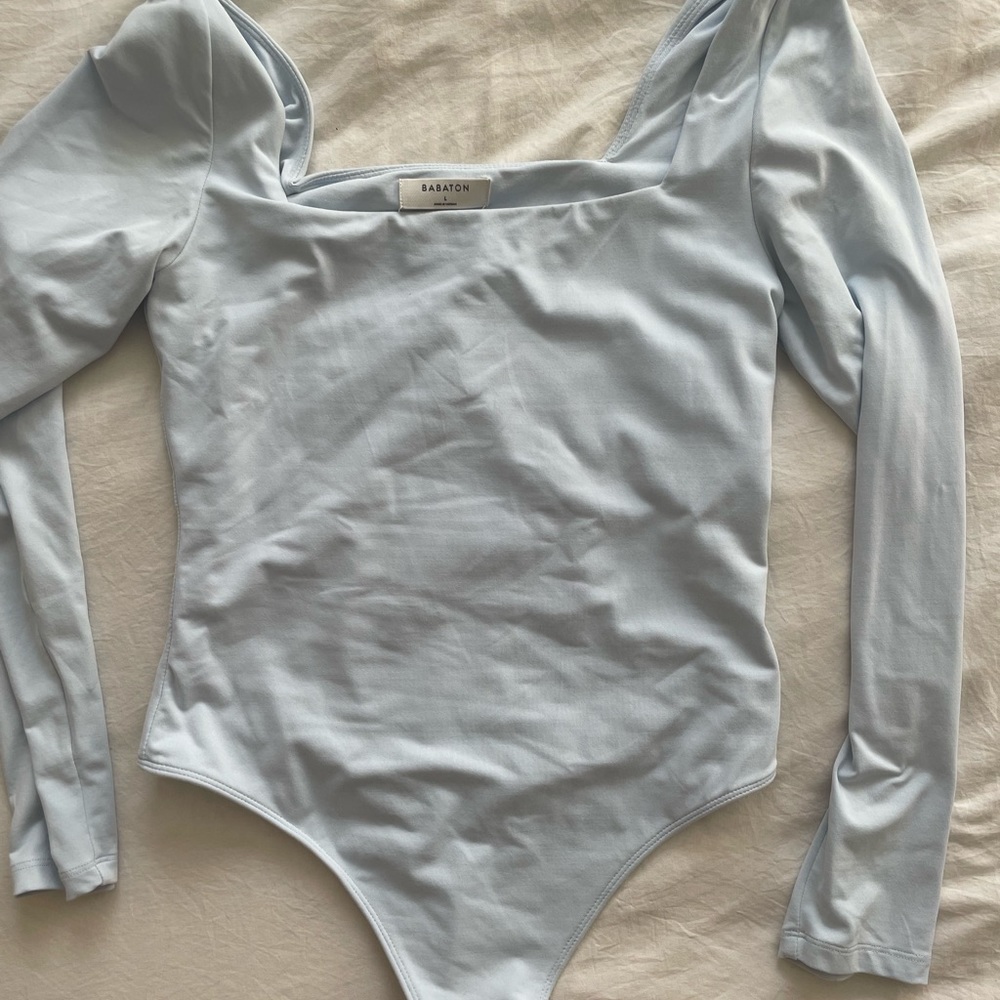 Babaton contour bodysuit light blue long sleeve